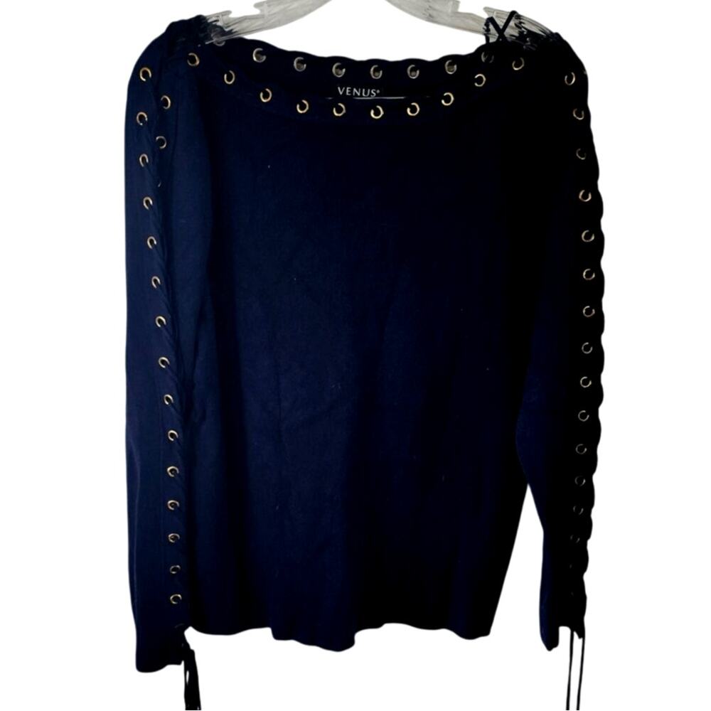 Venus Royal Blue Gold Grommet Corset Ties down Sleeves Knit Sweater XL
